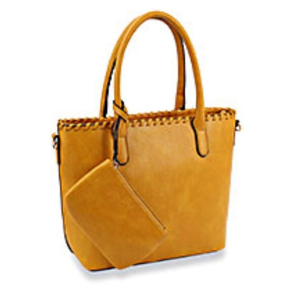 Whipstitch Accented Tote Handbag Set Satchel Shoulder Bags With Pouch - Picture 2 of 2